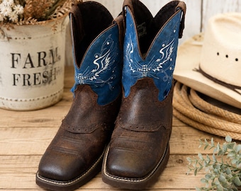Botas vaqueras Justin para mujer, talla 10.5 B, color azul y marrón, de cuero estilo western, punta cuadrada, ideales para rodeo, rancho y campo.