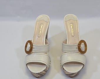 Prada Wooden Heel Sandals Ivory Leather Mules Size 39 Designer Heels