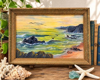 Dipinto a olio originale vintage, paesaggio marino costiero della California, opera d'arte oceanica incorniciata, decorazione per cottage sulla spiaggia, arte murale costiera, firmato Fern, metà secolo