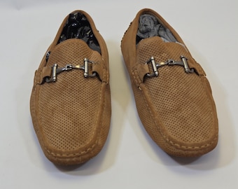 Mocasines de ante color camel con detalle de herradura para hombre, talla 12, marca Bruno Marc. Zapatos de conducción informales sin cordones, estilo de diseñador.