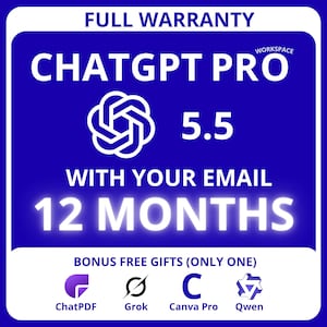 以下が含まれることがあります： 白文字とアイコンの青いグラフィック。テキストは「CHATGPT PRO 5.5」と「12ヶ月」と表示されています。 ChatPDF、Grok、Canva Pro、Qwenのアイコンが下にあります。「完全保証」と「ボーナスプレゼント」の文字も表示されています。