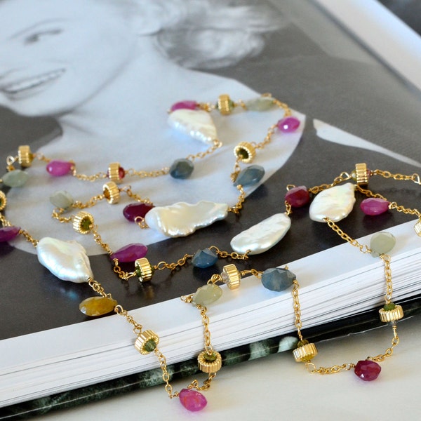 Marilyn Long Necklace Sapphire Biwa Pearl Watermelon Tourmaline Gold Filled