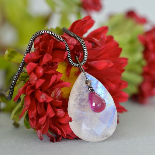 Rainbow Moonstone Ruby Oxidized Silver Modernist Necklace