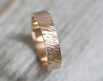 Rustic Mens Gold Wedding Band, Grooms Ring 5mm Hammered Flat Bark Textured Ethical 10k Recycled Gold Rugged Brushed Simple Wedding Ring