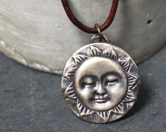 Sun Talisman Necklace, Men's Unisex Simple Recycled Antiqued Brass Celestial Brushed Pendant Brown Leather Recycled Sterling Silver Necklace