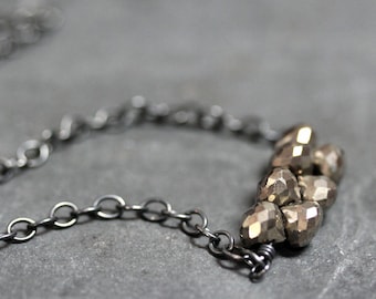 Pyrite Necklace, Thick Oxidized Sterling Silver Chain Statement Necklace, Fools Gold Sparkly Golden Brass Stone Necklace