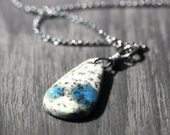 K2 Azurite Granite Teardrop Pendant: Recycled Sterling Silver Necklace