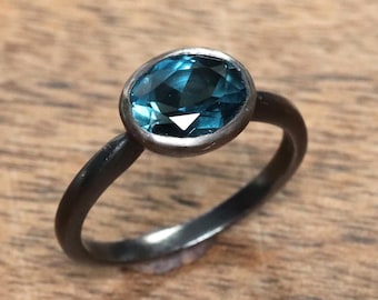 Oval London Blue Topaz Ring: Oxidized Sterling Silver December Birthstone