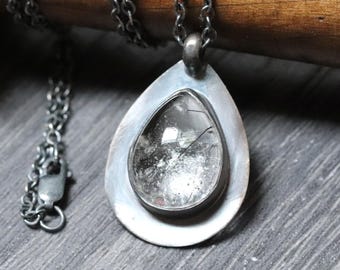 Rutilated Quartz Teardrop Artisan Pendant Necklace, Oxidized Sterling Silver Minimalist Jewelry