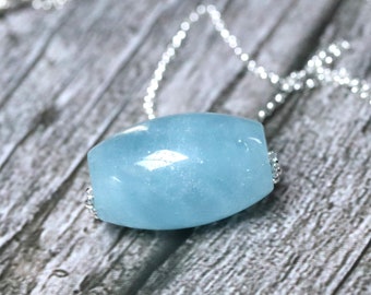 Aquamarine Barrel Necklace: Large Sky Blue Gemstone, Sterling Silver