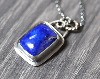 Cobalt Blue Lapis Lazuli Necklace: Oxidized Sterling Silver Bezel Pendant