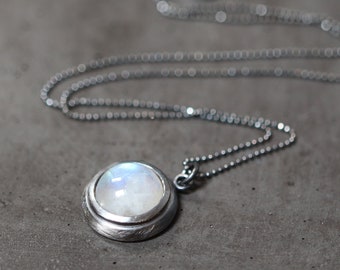 Rainbow Moonstone Necklace, Blue Flash Ghost White Stone Oxidized Recyled Sterling Silver Necklace Moonstone Jewelry - Witchlight