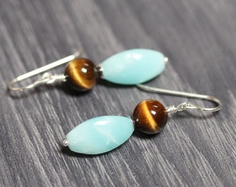 Tiger's Eye Amazonite Earrings: Recycled Sterling Silver Dangles