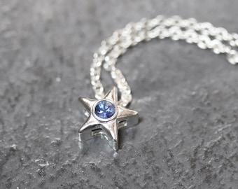 Tiny Star Blue Sapphire Gemstone Pendant Necklace, Petite September Birthstone Jewelry Recycled Sterling Silver