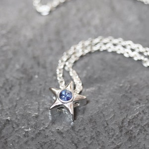 Tiny Star Blue Sapphire Gemstone Pendant Necklace, Petite September Birthstone Jewelry Recycled Sterling Silver