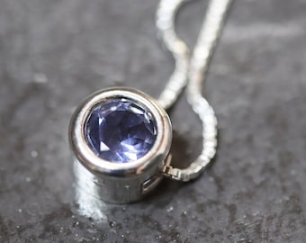 Petite Denim Blue Iolite Gemstone Necklace, Faceted Small Stone Recycled Sterling Silver Slider Pendant, Simple, Elegant, Gift for Her