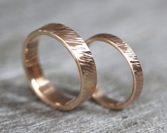 Hammered Gold Wedding Band Set, His Hers Partners 5mm and 3mm Brushed Flat 10k Recycled Gold Wedding Ring Set Bark Textured Rustic Rings