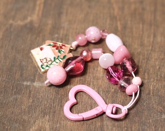 Pink Beaded Bag Charm: Heart Clip, Purse Dangle Accessory