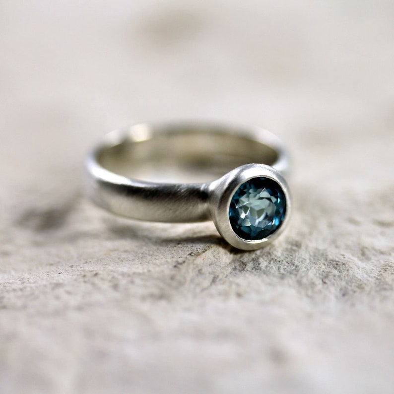 Round London Blue Topaz Ring, December Birthstone Ring Brushed in Sterling Silver image 2