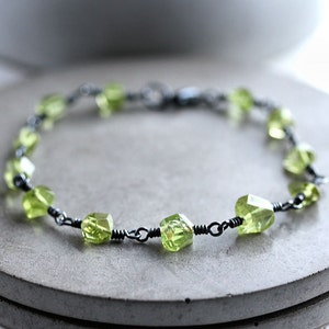 Peridot Birthstone Bracelet, Lime Green Peridot Nugget Oxidized Sterling Silver Wire Wrapped August Birthstone Kryptonite image 4