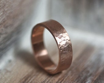 Hammered Mens Rose Gold Wedding Band, Grooms Ring 6mm Flat Rustic Textured Ethical 14k Recycled Rose Gold Rugged Brushed Simple Wedding Ring