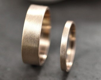 Gold Wedding Band Set, His and Hers 6mm and 2mm Brushed Flat 10k Recycled Yellow Gold Wedding Ring Set Gold Rings - Made in Your Sizes