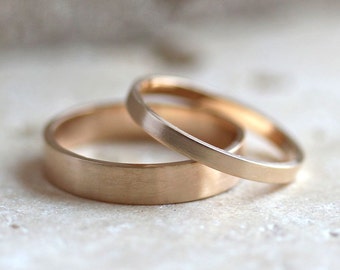 Gold Wedding Band Set, His and Hers 4mm and 2mm Brushed Flat 14k Recycled Yellow Gold Wedding Ring Set Gold Rings -  Made in Your Sizes