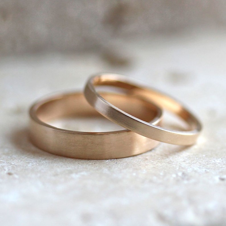 Gold Wedding Band Set, His and Hers 4mm and 2mm Brushed Flat 14k Recycled Yellow Gold Wedding Ring Set Gold Rings Made in Your Sizes image 1