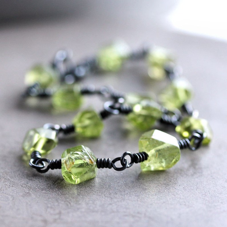 Peridot Birthstone Bracelet, Lime Green Peridot Nugget Oxidized Sterling Silver Wire Wrapped August Birthstone Kryptonite image 2