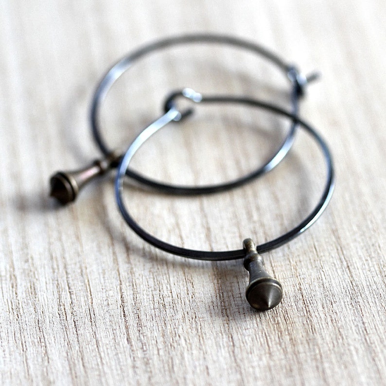 Hoop Earrings, Brass Pendulum Oxidized Sterling Silver Hoops Boho Women's Jewelry Clockwork image 4