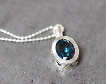 Petite London Blue Topaz Gemstone Necklace, Dark Blue Stone Sterling Silver Pendant, Simple, Elegant, December Birthstone Gift