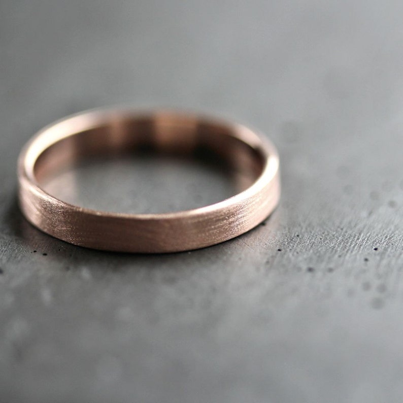 Rose Gold Women's Wedding Band Stackable Ring, 3mm Flat Slim Recycled 14k Rose Gold Ring Brushed Pink Gold Women's Wedding Ring image 4