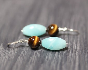 Tiger's Eye and Amazonite Beaded Dangle Earrings, Soft Aqua and Brown Semi Precious Gemstone Earrings Recycled Sterling Silver Drops