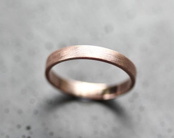 Rose Gold Women's Wedding Band Stackable Ring, 3mm Flat Slim Recycled 14k Rose Gold Ring Brushed Pink Gold Women's Wedding Ring