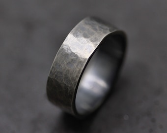 Mens Hammered Wedding Band, Wide Textured Rustic Simple Roughed Up 7mm Oxidized Recycled Sterling Silver Rugged Mans Wedding Ring