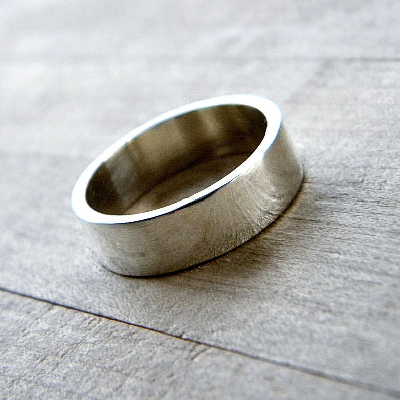 Men's Silver Wedding Band, 6mm Wide, Simple Flat Band Recycled Argentium Sterling Silver Ring Made in Your Size image 4