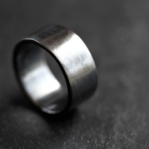 Mens Silver Wedding Band, 10mm Wide, Simple Flat Band Recycled Argentium Gray Oxidized Sterling Silver Ring - Made in Your Size