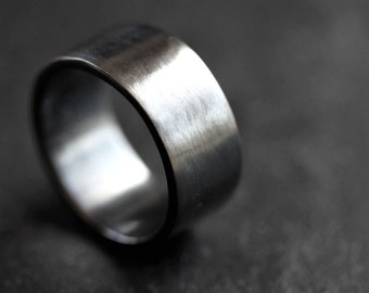 Mens Silver Wedding Band, 10mm Wide, Simple Flat Band Recycled Argentium Gray Oxidized Sterling Silver Ring - Made in Your Size