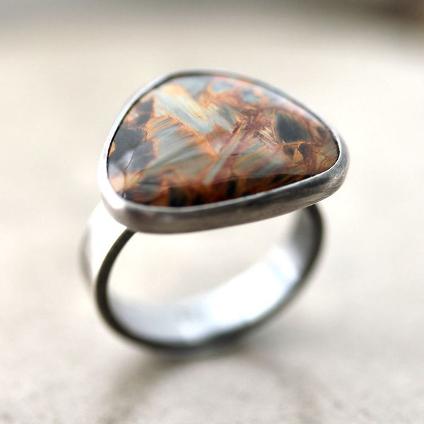 Brown Blue Stone Ring, Autumn Topaz Gold and Midnight Blue Pietersite Stone Organic Freeform Oxidized Sterlng Silver Ring - US Size 6