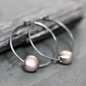 Oxidized Sterling Silver Hoop Earrings: Lavender Pearl Drop, Handmade