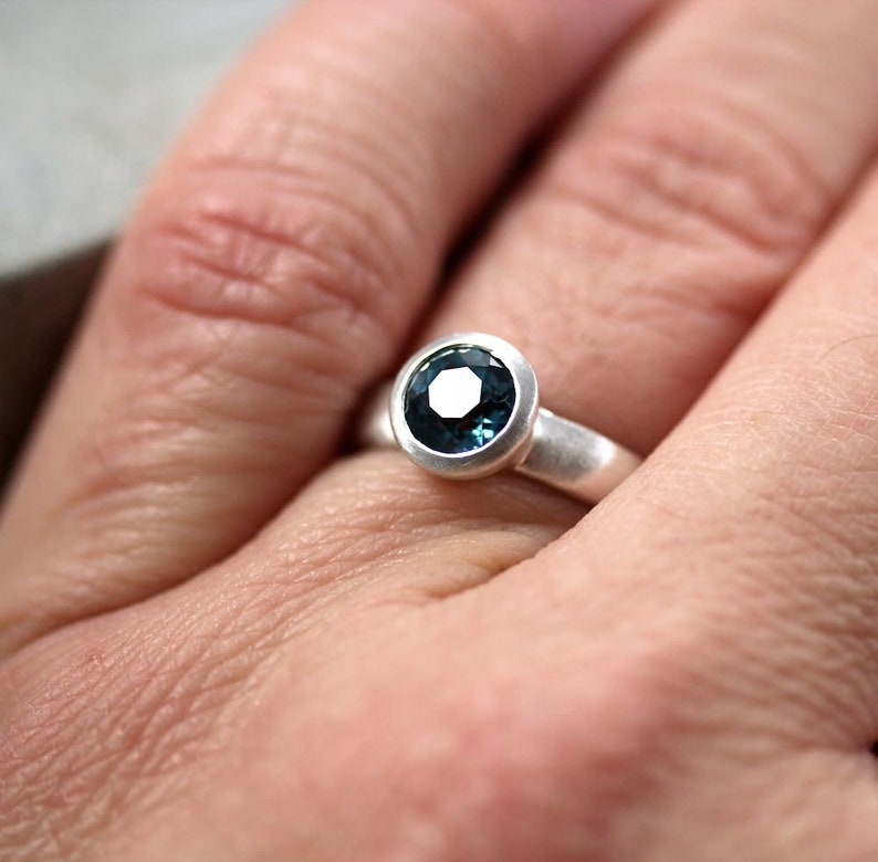 Round London Blue Topaz Ring, December Birthstone Ring Brushed in Sterling Silver image 5