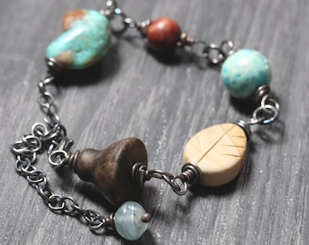 Mixed Gemstone Bracelet Boho Earthy Oxidized Recycled Sterling Silver Wire Wrapped Chain