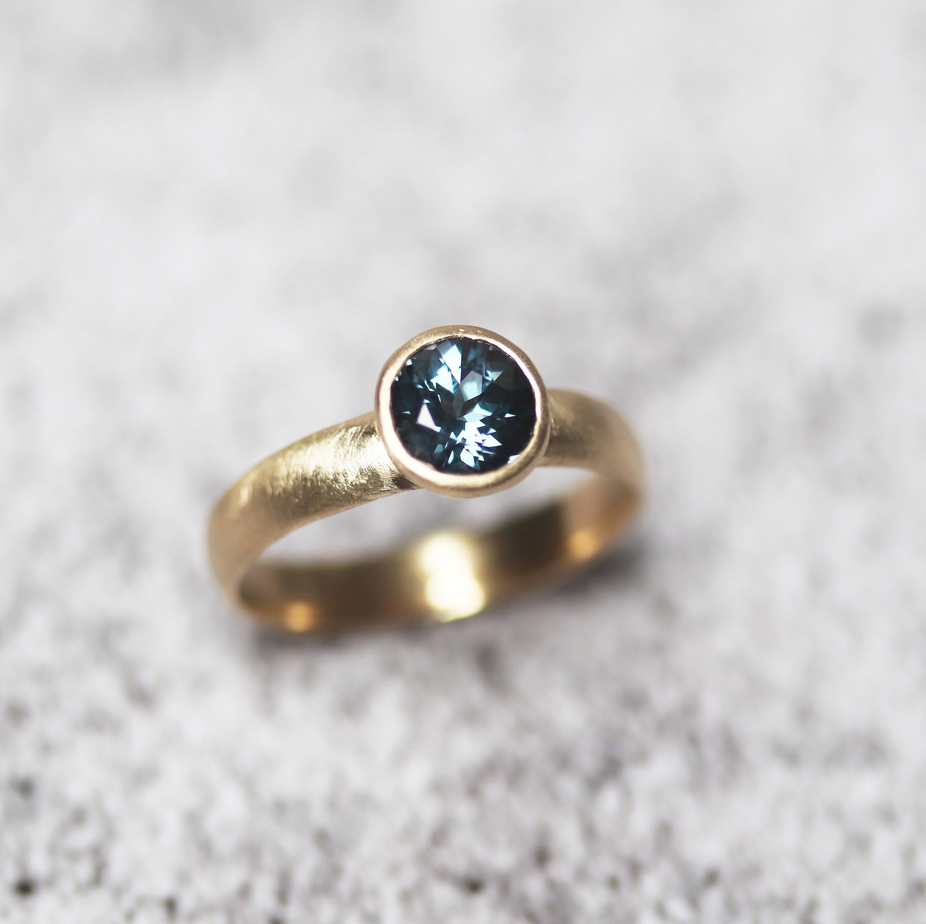 Brilliant Cut Indigo Blue Zircon Gemstone Solitaire Recycled 10k Yellow Gold Engagement Ring or Right Hand Ring US Size 8 1/2 OOAK