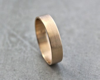 Mens Gold Wedding Band, Unisex 5mm Wide Brushed Flat 10k Recycled Yellow Gold Wedding Ring Simple Textured Mans Minimalist Ethical Band