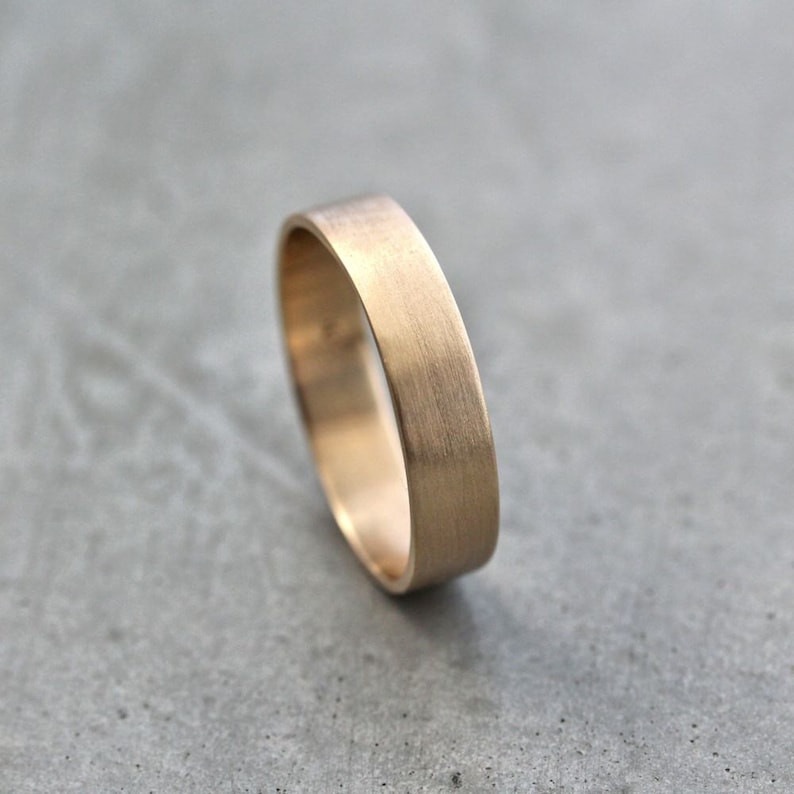 Mens Gold Wedding Band, Unisex 5mm Wide Brushed Flat 10k Recycled Yellow Gold Wedding Ring Simple Textured Mans Minimalist Ethical Band image 1
