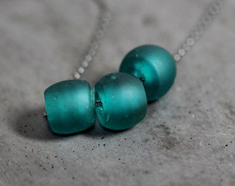 Teal Beaded Necklace, Minimalist Frosted Sea Glass Necklace, Teal Necklace , Turquoise Bead Silver Necklace