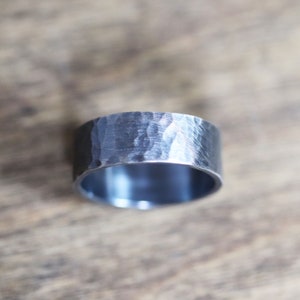 8mm Mens Hammered Wedding Band, Wide Textured Rustic Simple Roughed Up  Oxidized Recycled Sterling Silver Rugged Mans Wedding Ring