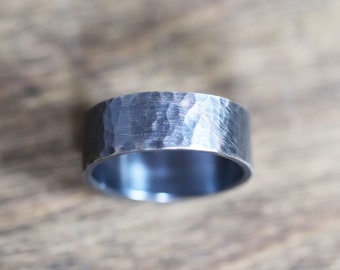 8mm Hammered Oxidized Sterling Silver Mens Wedding Band: Rustic Ring