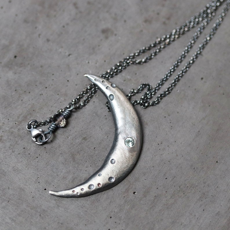 Celestial Crescent Moon Necklace Cratered Green Blue Sapphire Gemstone Oxidized Recycled Sterling Silver Necklace Galaxy Jewelry Crisium image 8