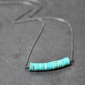 Turquoise Necklace Aqua Sky Blue Natural Turquoise Gemstone Disc Oxidized Sterling Silver Bar Necklace December Birthstone Jewelry Southwest